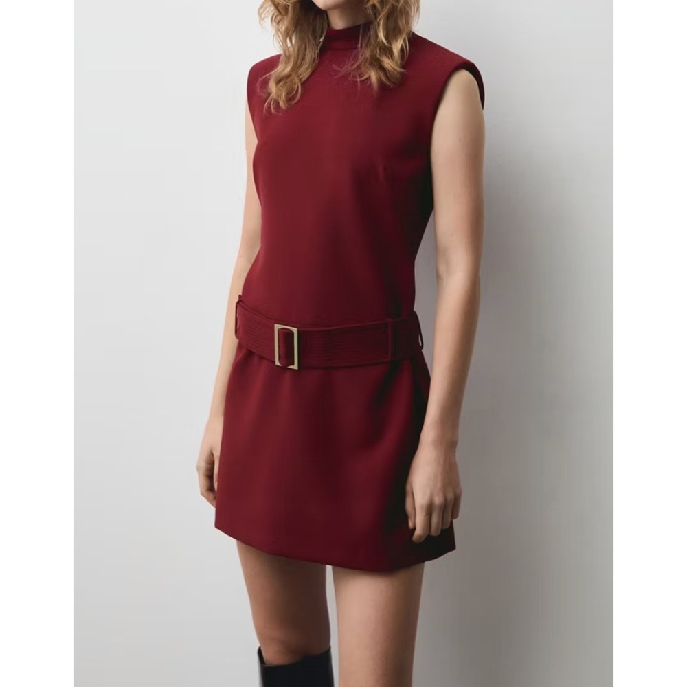 NEW Mango Short Belted Maroon Dress Mock Neck Padded Shoulder Womens Size Small
